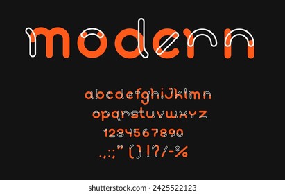 Fuente del logotipo de la letra creativa, tipo moderno y tipo de letra del diseño mínimo, alfabeto de la tipografía del inglés del vector. Arte urbano, deporte o tecnología y música tipografía número y símbolos, línea simple redondeada fuente