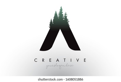 Creative A Letter Logo Idea With Pine Forest Trees. Letter A Design With Pine Tree on TopVector Illustration.