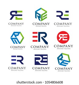 creative RE letter logo set, letter ER vector set