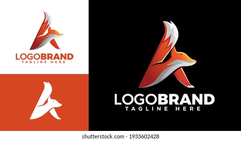 Plantilla de logotipo de carta creativa A combinada con Fox. Carta de identificación comercial A, Comida mascota, letra Vet K, icono de Fox, Marca Fox Única, logotipo de Weasel.
