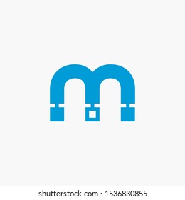 Creative letter m digital circuit style font. Blue letter made of electric current wires and connectors. Modern design concept.