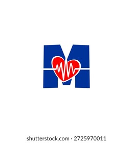 Logotipo da letra M criativa com linha de pulso de batimento cardíaco integrado. Vetor profissional para clínica médica, aplicativo de saúde, farmácia e centro de bem-estar.