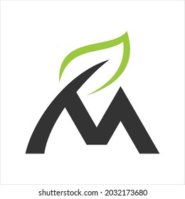 Logo de letra creativa M con plantilla vectorial de diseño hoja