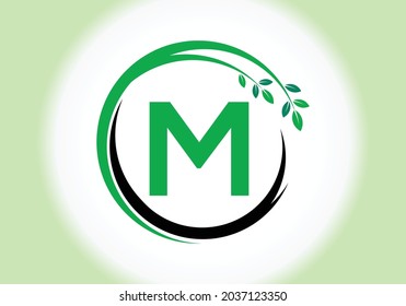 Creative  Letter M monogram alphabet with leaves. Green, eco-friendly logo concept. Modern vector logo for ecological business and company identity