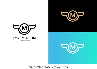 Logotipo creativo del monograma de la letra M con el elemento de las alas y el emblema circular para la marca automotriz o de la aviación