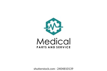 creative letter m pulse vector with medical gear parts service logo design