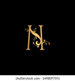 Creative Letter N Logo icon with leaf ornament gold color. Creative Design with dot shape letter N for business, technology, finance, network, start up and more brand.