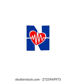 Logotipo da letra N criativa com linha de pulso de batimento cardíaco integrado. Vetor profissional para clínica médica, aplicativo de saúde, farmácia e centro de bem-estar.