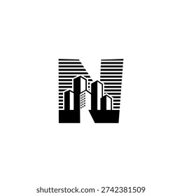 Creative letter N logo with negative space building shapes. Clean vector design for construction company, civil engineering, and urban planning.