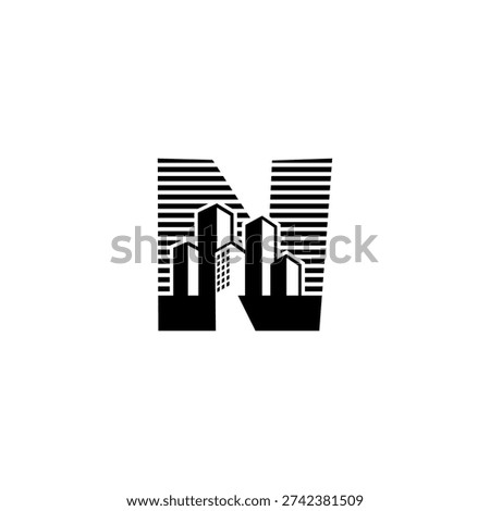 Creative letter N logo with negative space building shapes. Clean vector design for construction company, civil engineering, and urban planning.