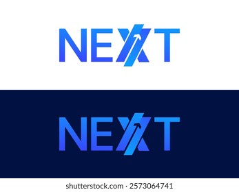 Creative Letter "NEXT" with overlapping Growth Arrow in letter X logo vector design concept. Graphic alphabet Letter "NEXT" symbol for future technology, corporate identity, business, investment, web.