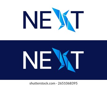Letra criativa "NEXT" com letra X Abstrata formas poligonais logotipo tipografia vetor conceito de design. Letra do alfabeto gráfico Próximo símbolo para tecnologia futura, nova geração, identidade corporativa, ui.