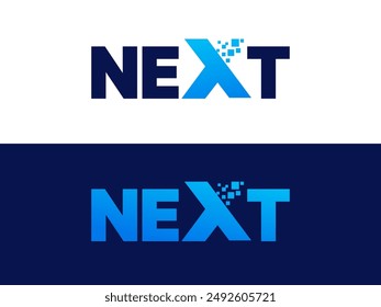 Creative Letter "NEXT" mit Letter X Cube Transformation Logo Vektorgrafik Design Concept. Grafisches Alphabet Buchstabe "NEXT" Symbol für Zukunftstechnologie, Corporate Identity, Business, Investment, Finanzen.