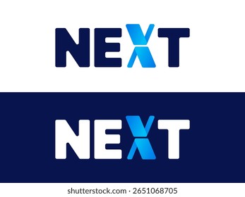 Letra criativa "NEXT" com letra X sobreposta camadas formas logotipo vetor conceito de design. Letra do alfabeto gráfico Símbolo "NEXT" para tecnologia futura, identidade corporativa, empresa, interface do usuário, tecnologia financeira.