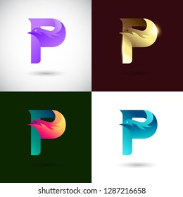 Creative Letter P logo design with Dove Bird concept for Business Company . Abstract letter logo Design Template with different color version set.