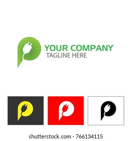 Creative Letter P with plug icon.  Vector Illustration on white background