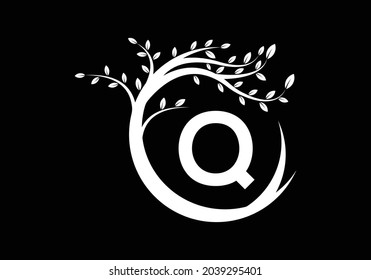 Creative Letter Q Black and white monogram alphabet with tree. Green, eco-friendly logo concept. Modern vector logo for ecological business and company identity