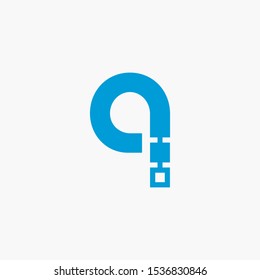 Creative letter q digital circuit style font. Blue letter made of electric current wires and connectors. Modern design concept.