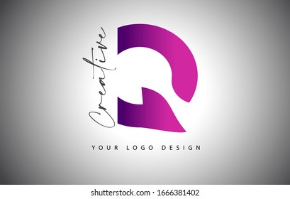 Logotipo carta creativa Q con degradado morado y carta creativa cortada. Ilustración del vector de iconos.