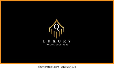 Creative letter Q q luxury Line art Real Estate Building Construction logo design, Initial letter Q golden and white color Usable for Construction Architecture Building monogram icon Template Element.