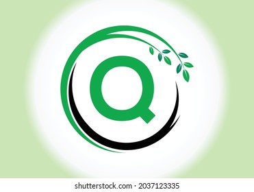 Creative  Letter Q monogram alphabet with leaves. Green, eco-friendly logo concept. Modern vector logo for ecological business and company identity