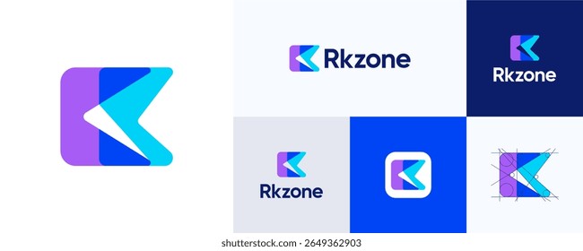 Concepto de color superpuesto de letra creativa R o K, Ilustración vectorial de diseño de íconos de logotipos, Formas geométricas de símbolos modernos coloridas con alfabeto inicial para tecnología, Plantillas premium de identidad de marca