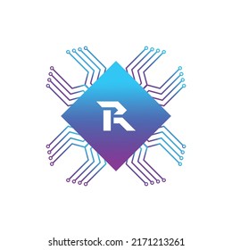 Diseño del logotipo de la carta creativa R con símbolo de punto o punto