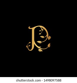 Creative Letter R Logo icon with leaf ornament gold color. Creative Design with dot shape letter R for business, technology, finance, network, start up and more brand.