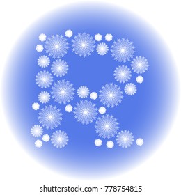 creative letter R made out of snowflakes in light blue white colors 