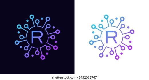 creative letter R modern digital technology logo. With network of molecules and dots .logo can be used for technology, digital, connection, data, electricity company.
