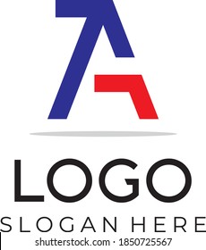 Creative A logotipo de flujo de cartas con colores rojo azul flecha y línea de slogan 