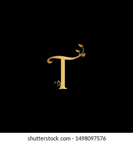 Creative Letter T Logo icon with leaf ornament gold color. Creative Design with dot shape letter T for business, technology, finance, network, start up and more brand.