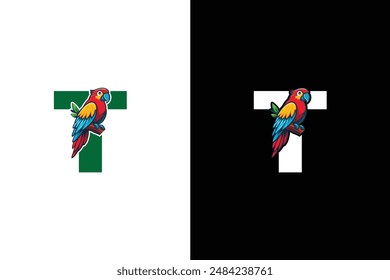 Diseño creativo del logotipo de la letra T del loro. Impresionante Plantilla de diseño de logotipo de letra T pájaro de moda.