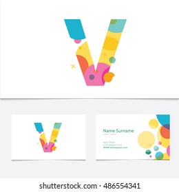 Creative Letter "V" design vector template on The Business Card Template. Abstract Colorful Alphabet .Friendly funny ABC Typeface. Type Characters