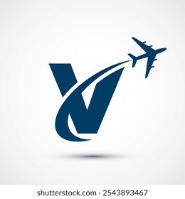 Alfabeto V con plano aerodinámico. Icono de viaje. Signo del logotipo de la aviación, símbolo del vuelo. Icono de vuelo
