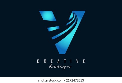 Creative letter V logo with leading lines and road concept design. Letter V with geometric design. Vector Illustration with letter and creative cuts and lines.