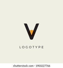 Creative letter V for logo and monogram. Minimal artistic style letter with yellow spot for education, festive and party or technology graphic. Vector typographic design