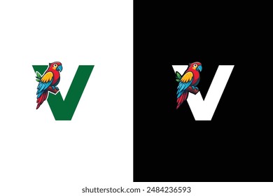 Creative Letter V parrot Logo Design. Awesome Trendy Letter V Bird logo Design Template.