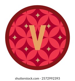 Creative letter v with seamless red floral patterns and golden accents in a circular layout