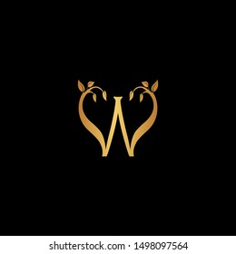 Creative Letter W  Logo icon with leaf ornament gold color. Creative Design with dot shape letter W for business, technology, finance, network, start up and more brand.