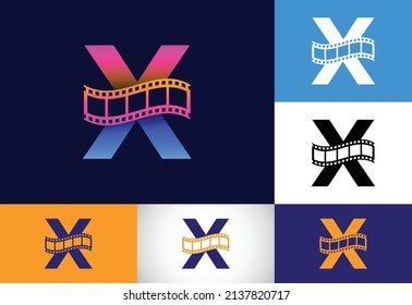 Alfabeto de monograma X inicial incorporado con carrete de película. Concepto de logotipo de vídeo y película. emblema de letra. Logo para el negocio del entretenimiento y la identidad de la empresa