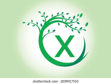 Letra creativa alfabeto monograma X con árbol. El concepto de logotipo ecológico. Logo vectorial moderno para negocios ecológicos e identidad empresarial