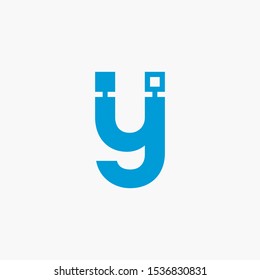 Creative letter y digital circuit style font. Blue letter made of electric current wires and connectors. Modern design concept.