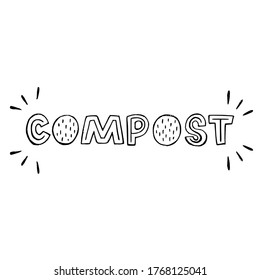 Creative lettering inscription Compost with doodles. Eco friendly word hand drawn with typographic capital letters. Custom font text about composting. Perfect for waste bin and sorting container label