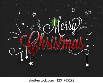 Kreative Schrift von frohen Weihnachten mit Sternen auf schwarzem Hintergrund kann als Festivalfeier Grußkartendesign verwendet werden.