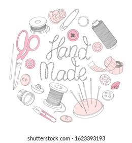 Creative lettering and sewing accessories are arranged in a circle. Spools of thread, scissors, buttons, sewing needles, and thimbles. Monochrome vector illustrations in sketch style.