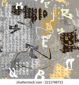 Creative letters seamless pattern. English abc on dirty denim background. Repeat typeset backdrop. Modern letters ornaments. Lettering textured grunge background. Doodle lines, brush strokes, fonts.