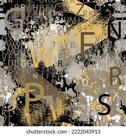 Creative letters seamless pattern. English letters on dirty watercolor background. Repeat typeset backdrop. Letters ornament. Lettering textured grunge background. Splatters, brush strokes, fonts.
