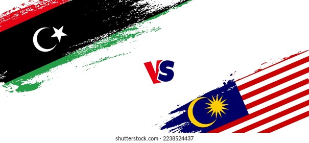 Kreatives Libyen gegen Malaysia bürsten Flaggen-Illustration. Zwei Länderflaggen im Stile eines künstlerischen Pinsels, Hintergrund