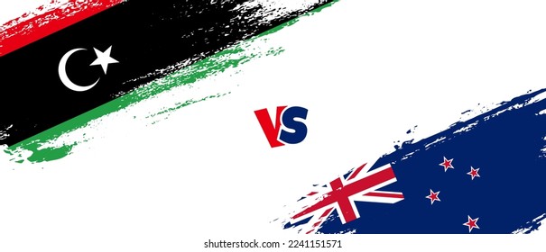 Creative Libya vs New Zealand brush flag illustration. Artistic brush style two country flags relationship background